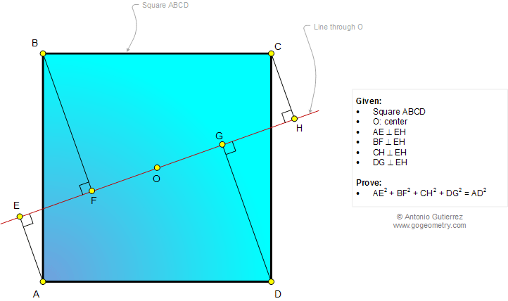 Geometry Problem 1013: Square, Line through the Center, Perpendicular, Distance, Metric Relations