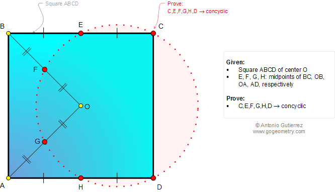 Math Geometry Problem 1017. Square, Center, Midpoints, Circle, Concyclic Points, Cyclic Quadrilateral