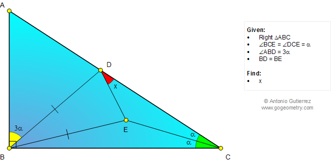 Geometry Problem 1026: Right Triangle, 90 Degrees, Triple Angle, Congruence