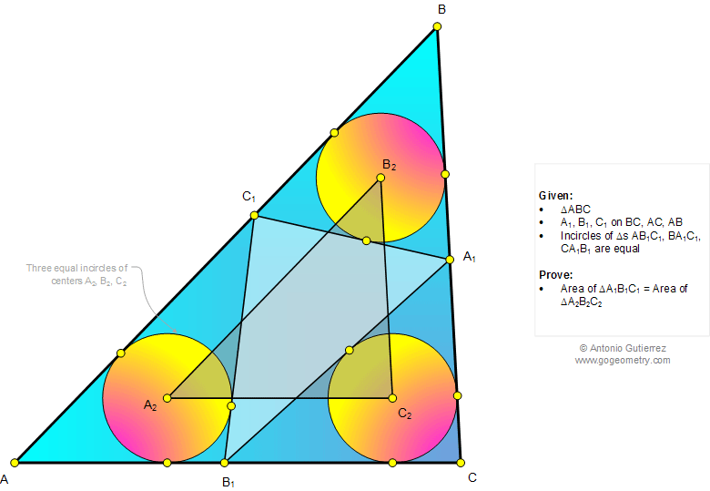 Geometry Problem 1035: Triangle, Three equal Incircles, Tangent lines, Equivalent triangles, Equal area