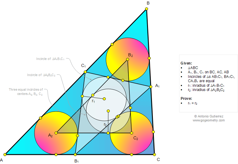 Geometry Problem 1036: Triangle, Three equal Incircles, Tangent lines, Inradius, Equal Inradii