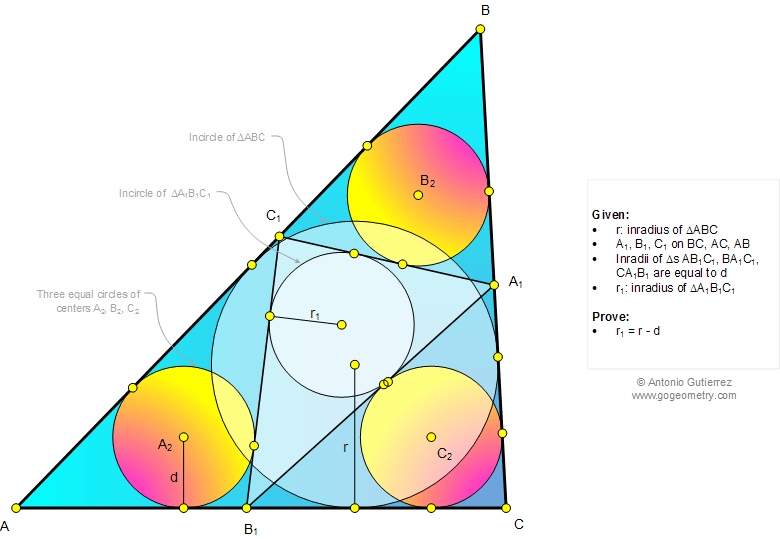 Geometry Problem 1037: Triangle, Three equal Incircles, Tangent lines, Inradius, Length or School and College Level
