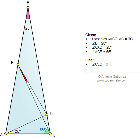 Problema de Geometria 1038: Triangulo issceles, ngulos de 80, 20, 65 y 25 grados