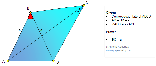 Geometry problem 1079: Quadrilateral, Isosceles Triangle, Diagonals, Double Angle