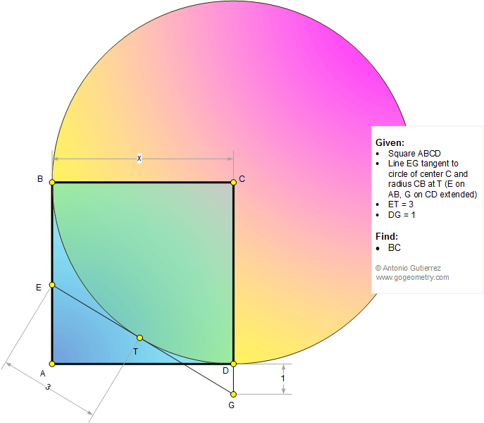 Geometry Problem 1156 Square, Tangent Line, 90 Degrees, Metric Relations