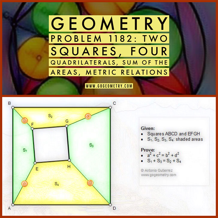 Geometry Problem 1182: Two Squares, Four Quadrilaterals, Sum of the Areas, Metric Relations