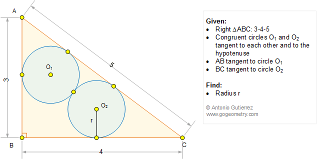 Geometry Problem 1193: 3-4-5 Right Triangle, Congruent Circles, Tangent, Radius.