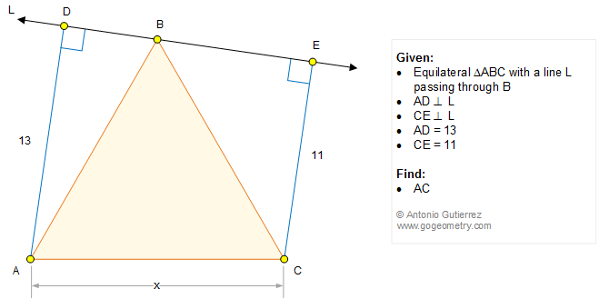 Geometry Problem 1194: Equilateral Triangle, Perpendicular, Distance, Side, Metric Relations.