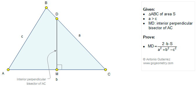 Geometry Problem 1201: Triangle, Interior Perpendicular Bisector, Midpoint, Area.
