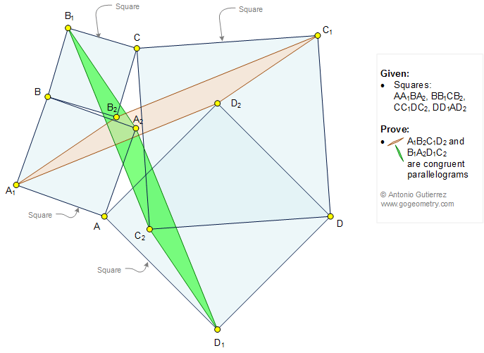 Geometry Problem 1202: Four Squares, Two Congruent Parallelograms, Congruence.