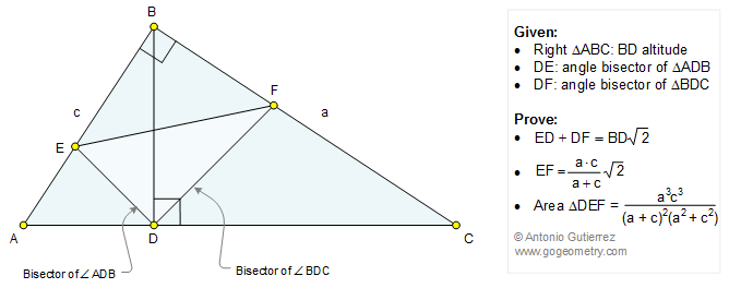 Geometry problem 1211 Right Triangle, Altitude, Angle Bisector, 45 Degrees, Metric Relations, Area