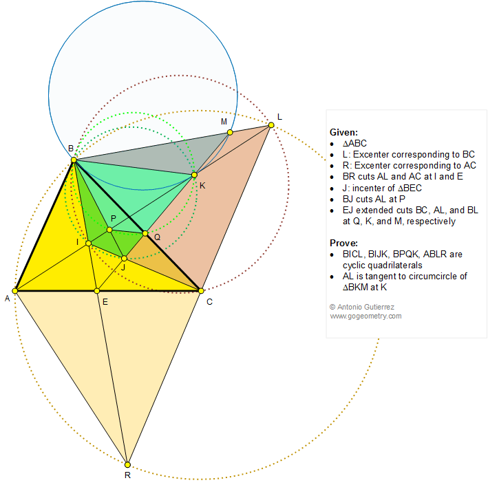 Geometry Problem 1217: Triangle, Circle, Excenter, Incenter, Angle Bisector, Cyclic Quadrilateral, Circumcircle, Tangent Line.