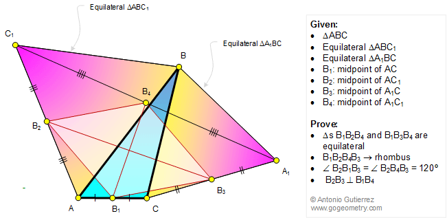 Geometry Problem 1219: Scalene Triangle, Equilateral Triangles, Midpoints, 60 Degrees, Congruence, Rhombus.