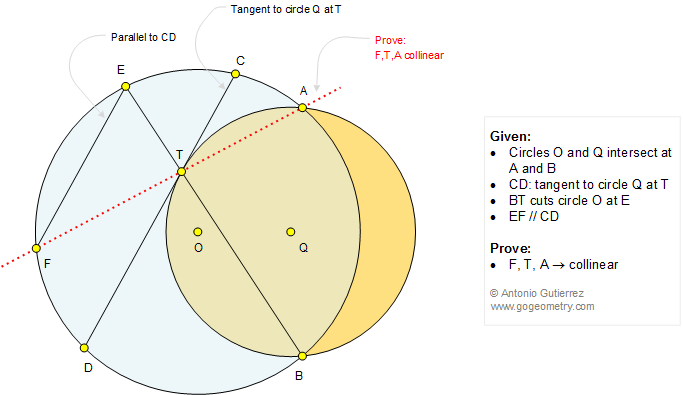 Geometry Problem 1221: Intersecting Circles, Chord, Tangent, Parallel Chords, Collinear Points.