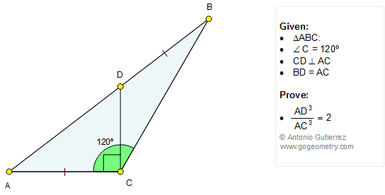 Geometry Problem 1222: Doubling the cube, Triangle, 90, 120 degrees, Perpendicular, Congruence.