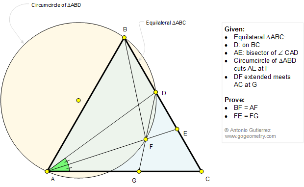Geometry Problem 1225: Equilateral Triangle, Circumcircle, Angle Bisector, Congruence.