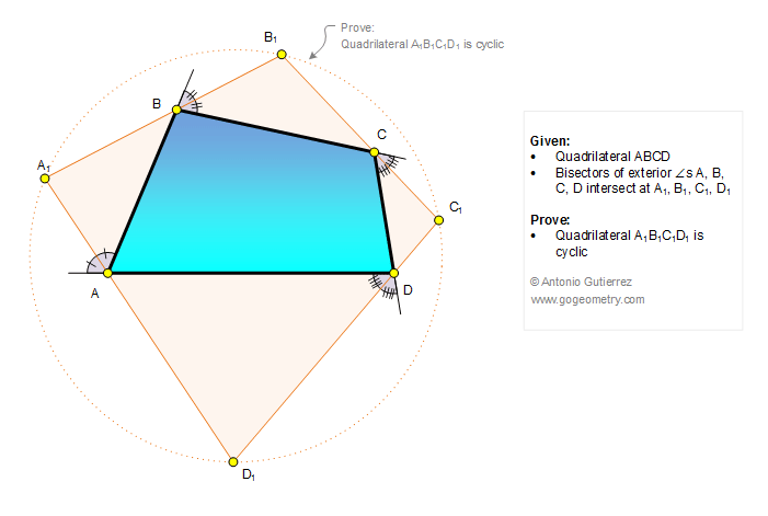Geometry Problem 1241: Quadrilateral, Exterior Angle Bisector, Cyclic Quadrilateral, Circle. Mobile Apps.