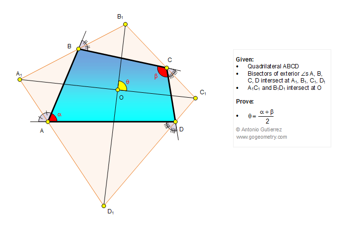  Geometry problem 1243 Quadrilateral, Four Exterior Angle Bisectors, Semi-sum, Angles