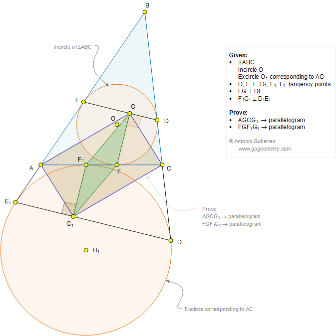 Geometry Problem 1267: Triangle, Incircle, Excircle, Circle, Tangency Points, Perpendicular, 90 Degrees, Parallelogram