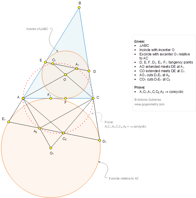 Geometry Problem 1271: Triangle, Incircle, Incenter, Excircle, Excenter, Escribed Circle, Tangency Points, Six Concyclic Points