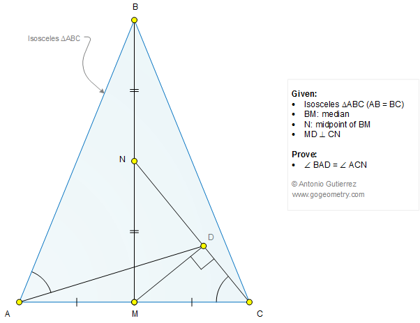 Geometry Problem 1272: Isosceles Triangle, Median, Midpoint, Perpendicular, 90 Degrees, Angles, Congruence