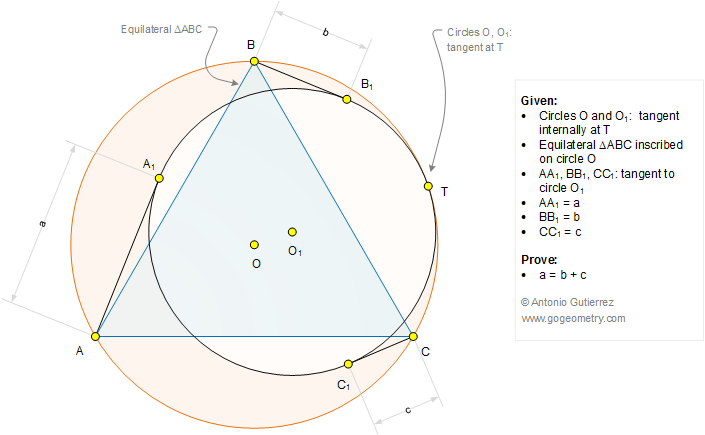 Geometry Problem 1276: Equilateral Triangle, Circumcircle, Internally Tangent Circles, Tangent Line, Measurement