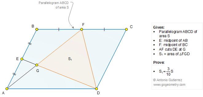 Geometry Problem 1279: Parallelogram, Midpoint, Triangle, Area, 3/10