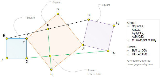 Geometry Problem 1282: Three Squares, Common Vertex, Midpoint, Perpendicular, 90 Degrees