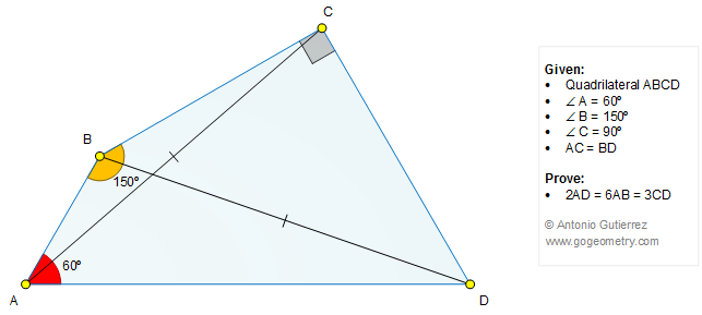 Geometry Problem 1285: Triangle, Quadrilateral, 60, 150, 90 Degree Angles, Congruence, Measurement
