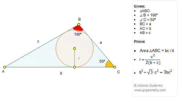 Geometry Problem 1288: Triangle, 30-50-100 Degrees, Area, Inradius, Metric Relations, Measurement