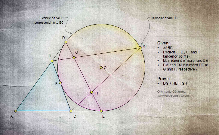 Geometry Problem 1317: Triangle, Excircle, Chord, Tangent, Midpoint, Arc, Sum of two Segments, Congruence