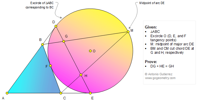 Geometry Problem 1317: Triangle, Excircle, Chord, Tangent, Midpoint, Arc, Sum of two Segments, Congruence