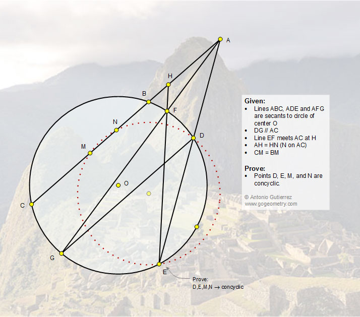 Math Infographic, Geometry Problem 1342: Circle, Secant, Chord, Midpoint, Concyclic Points, Cyclic Quadrilateral, Machu Picchu