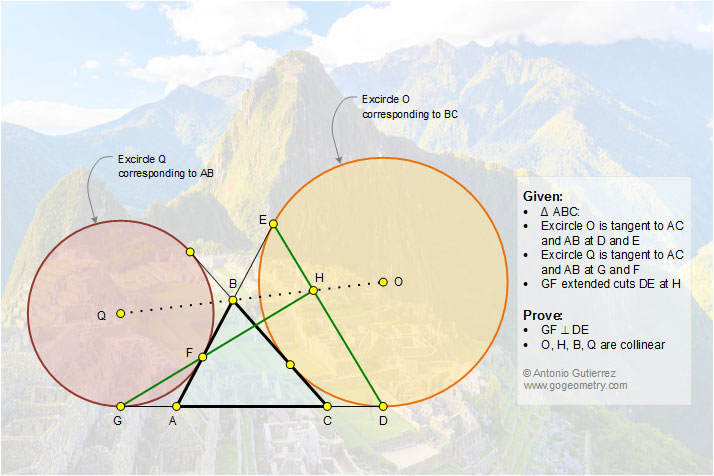 Math Infographic, Triangle, Excircles, Circle, Tangent, Tangency Points, Chord, Perpendicular, 90 Degrees, Collinearity. Machu Picchu in the background