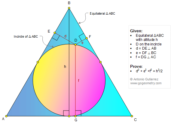 Math Infographic, Geometry Problem 1346: Equilateral Triangle, Point on the Incircle, Altitude, Perpendicular, Sum of Squares, Distance, Tutoring