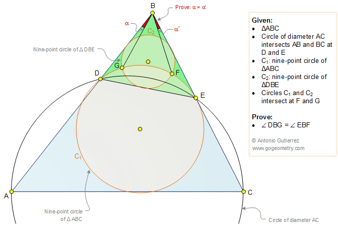 Geometry Problem 1361: Triangle, Two Nine-Point Circles, Feuerbach's Circle, Euler's Circle, Congruent Angles, Sketch, iPad Apps