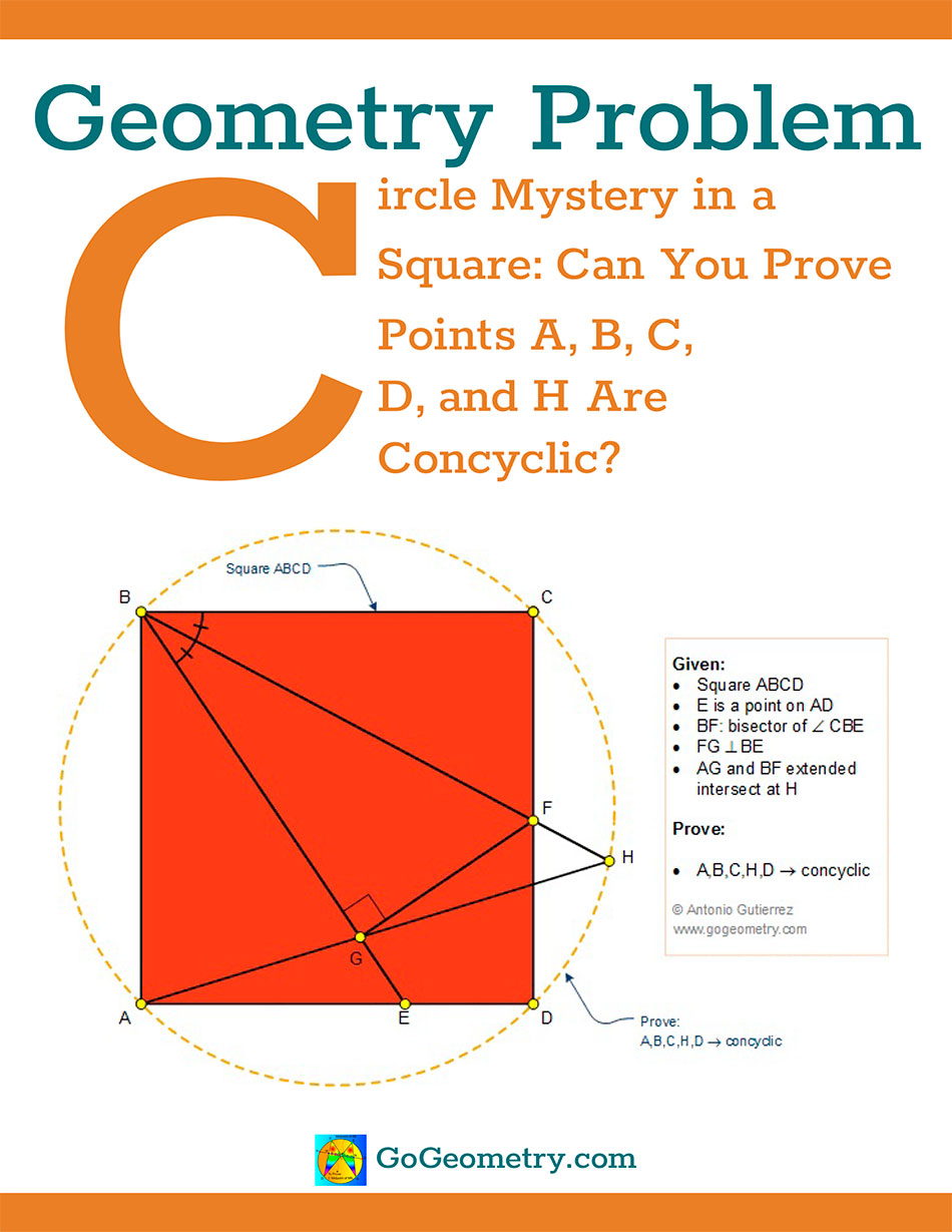 Circle Mystery in Square ABCD: Prove Points A, B, C, D, and H Are Concyclic, Flyer using iPad Apps, Tutor, Square, Angle Bisector, Perpendicular, Concyclic Points, Circle