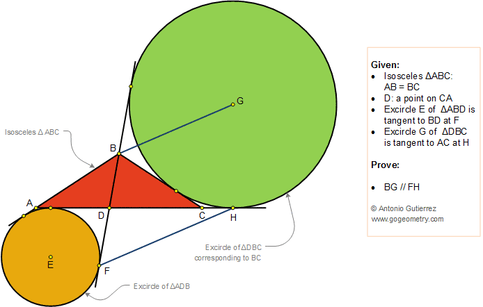 Geometry Problem 1376: Isosceles Triangle, Interior Cevian, Excircles, Tangency Points, Parallel Lines