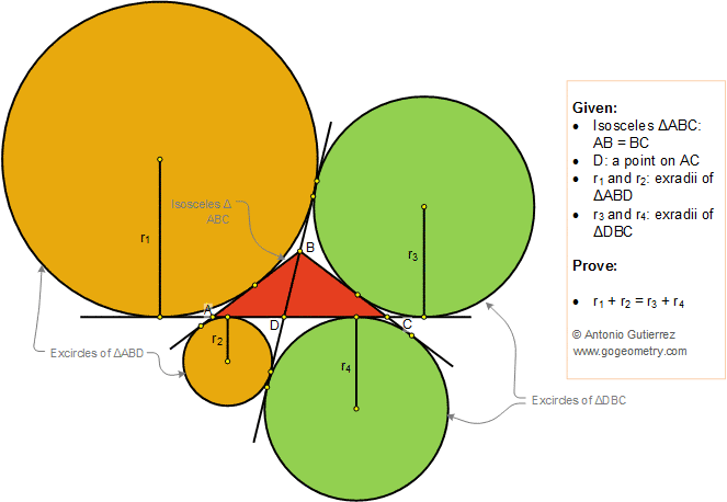 Geometry Problem 1377: Isosceles Triangle, Interior Cevian, Equal Sum of Exradii, Excircle