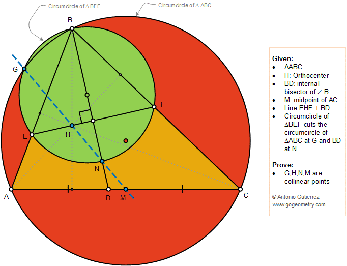 Geometry Problem 1385: Triangle, Orthocenter, Circle, Circumcircle, Angle Bisector, Midpoint, Collinear Points