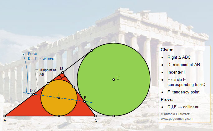 Geometry Problem 1408: Right Triangle, Incircle, Excircle, Incenter, Midpoint, Tangency Point, Collinearity, Tutor