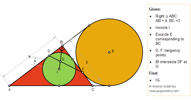 Geometry problem 1421: Right Triangle, Incircle, Excircle, Tangent Lines, Measurement, Tutoring