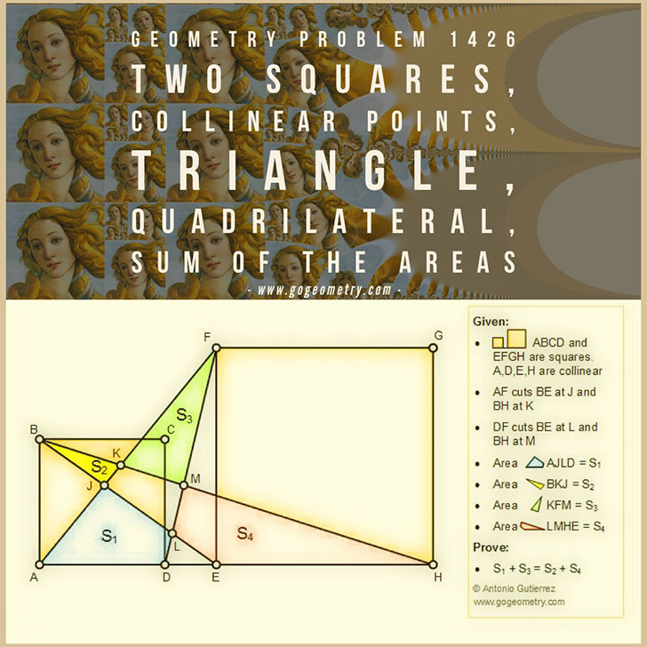 Geometric Art of Problem 1426: Two Squares, Collinear Points, Triangle, Quadrilateral, Sum of the Areas, Sketching, Typography, iPad Apps, Art, SW, Tutor