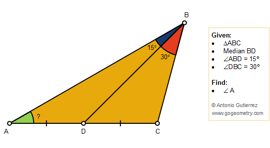 Geometry Problem 1429: Triangle, Median, 15-30 degree, Angle, Congruence, Tutoring