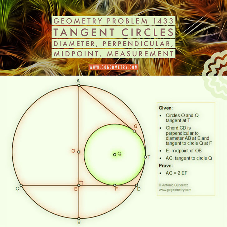 Poster of Geometry Problem 1433: Tangent Circles, Diameter, Perpendicular, Midpoint, Measurement, iPad Apps, Poster, Typography. Math Infographic, Tutor