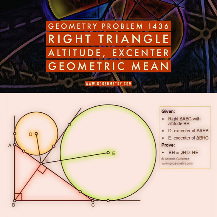 Poster of Geometry Problem 1436: Right Triangle, Altitude, Excircles, Excenters, Geometric Mean, iPad Apps, Typography. Math Infographic, Tutor