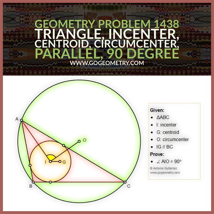 Poster of Geometry Problem 1438: Triangle, Incenter, Centroid, Circumcenter, Parallel, 90 Degree, iPad Apps, Typography. Math Infographic, Tutor