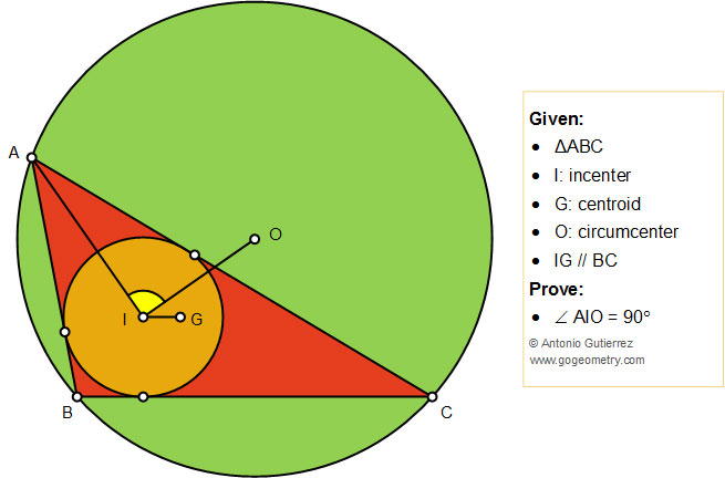 Geometry Problem 1438: Triangle, Incenter, Centroid, Circumcenter, Parallel, 90 Degree, Math Infographic, Tutor