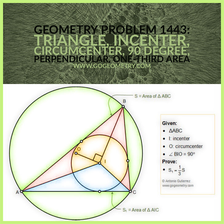 Poster of Geometry Problem 1443: Triangle Area, Incenter, Circumcenter, 90 Degree, Perpendicular, One-third Measurement, iPad Apps, Typography, Poster. Math Infographic, Tutor