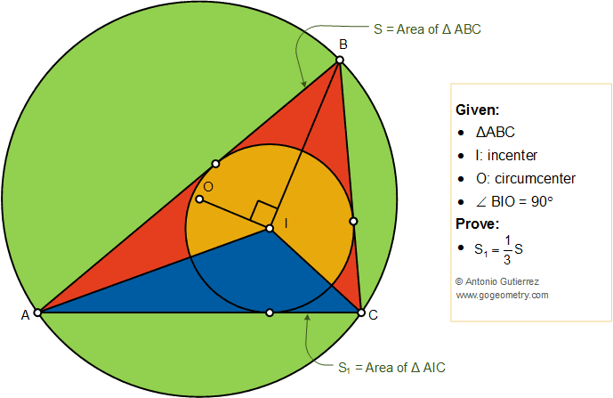Geometry Problem 1443: Triangle Area, Incenter, Circumcenter, 90 Degree, Perpendicular, One-third Measurement, Tutor
